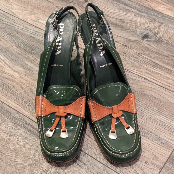 PRADA Vintage Slingback Heels Green and Tan Patent Leather Size 40 1/2 Dust Bags - Picture 1 of 17
